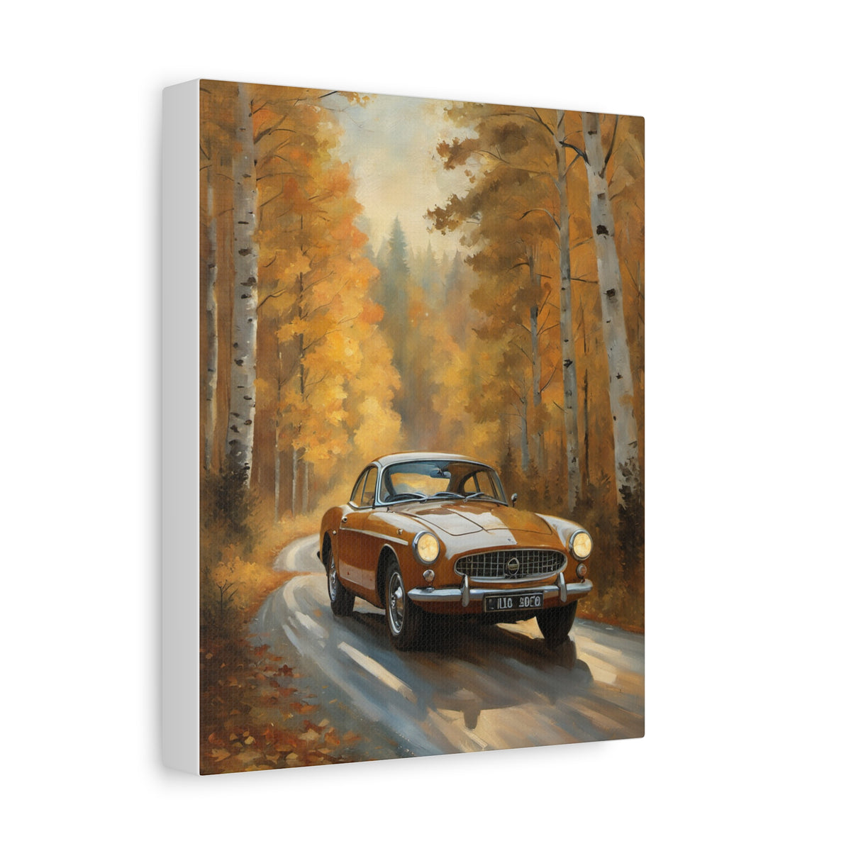 1966 Volvo P1800 Canvas Wall Art Vintage Ochre Gold Coupe Painting Autumn Birch Forest Road Stretched Canvas Print for Living Room Office Decor