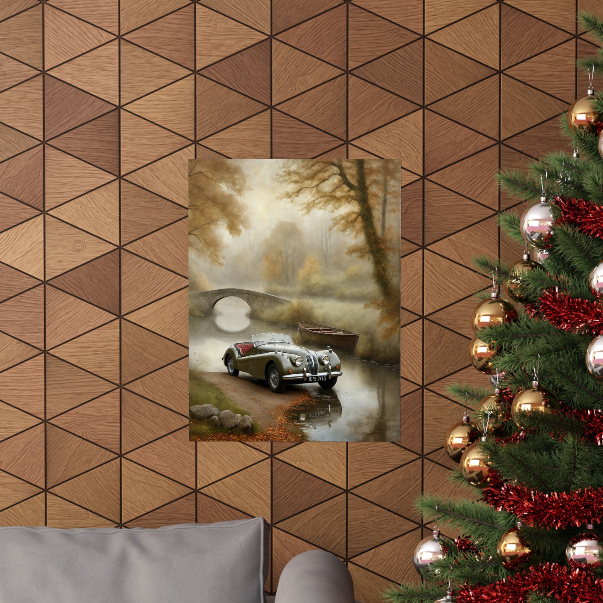 Vintage Car Landscape Poster featuring a classic car by a tranquil river scene with autumn foliage