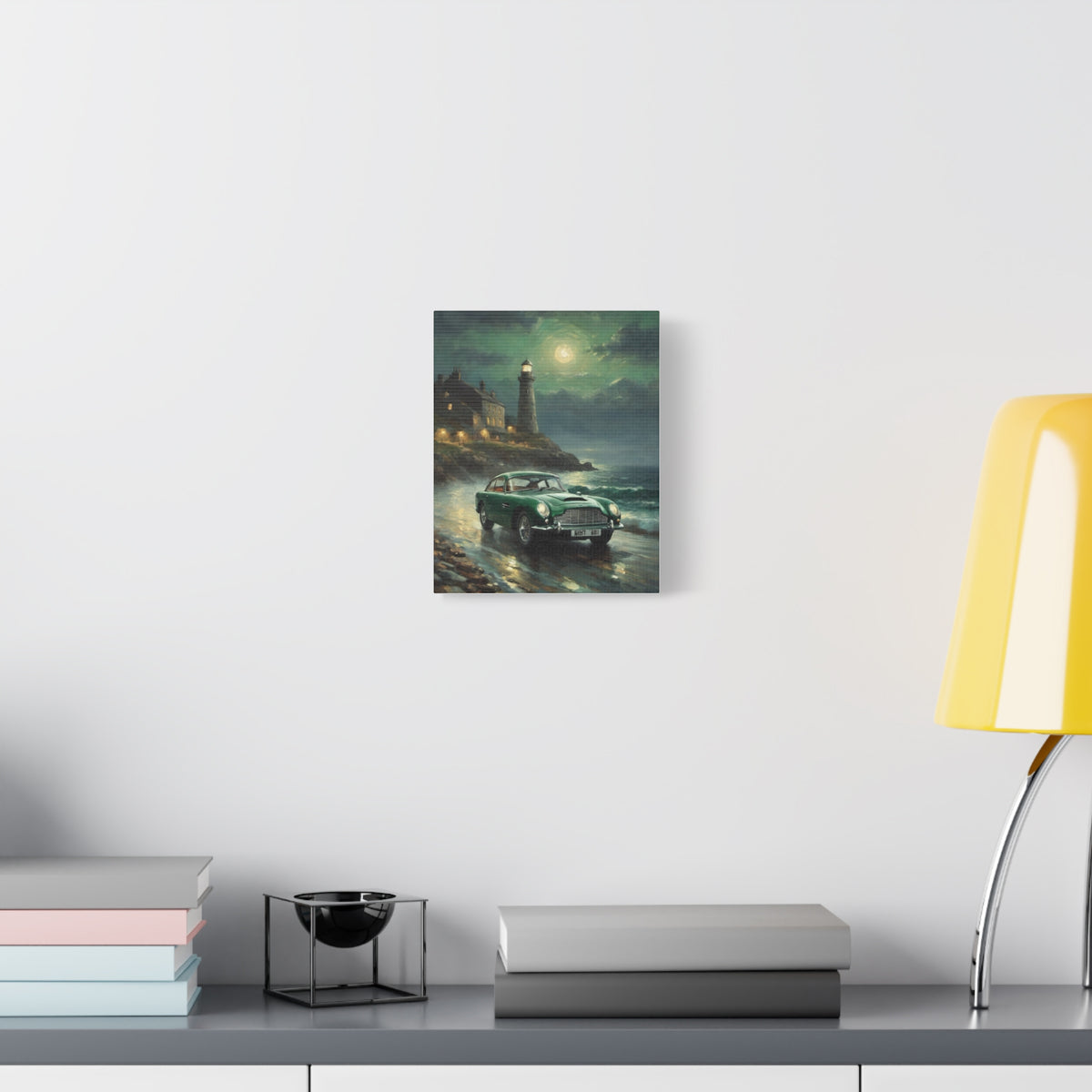 1964 Aston Martin DB5 Canvas Wall Art Vintage British Racing Green Sports Car Painting Coastal Lighthouse Moonlit Night Stretched Canvas Print for Living Room Office Decor
