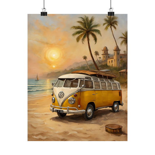 Vintage Beach Van Matte Poster, Retro Wall Art, Boho Decor, Coastal Room Decoration, Summer Vibes Art Print