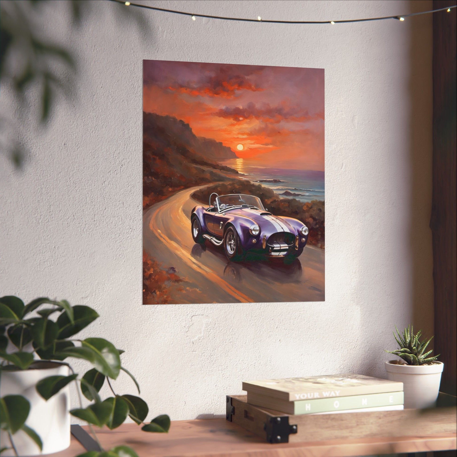 Purple Sunset Vintage Car Poster - Retro Wall Art for Car Lovers, Home Decor, Gift for Him, Car Enthusiast, Man Cave Decor Printify