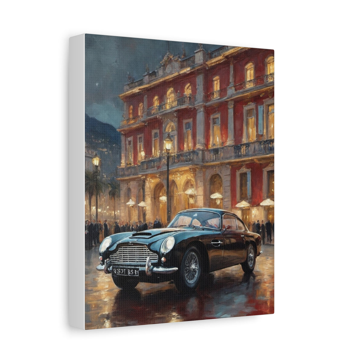 1964 Aston Martin DB5 Canvas Wall Art Vintage Black British Luxury Sports Car Painting Monte Carlo Casino Night Stretched Canvas Print for Living Room Office Decor