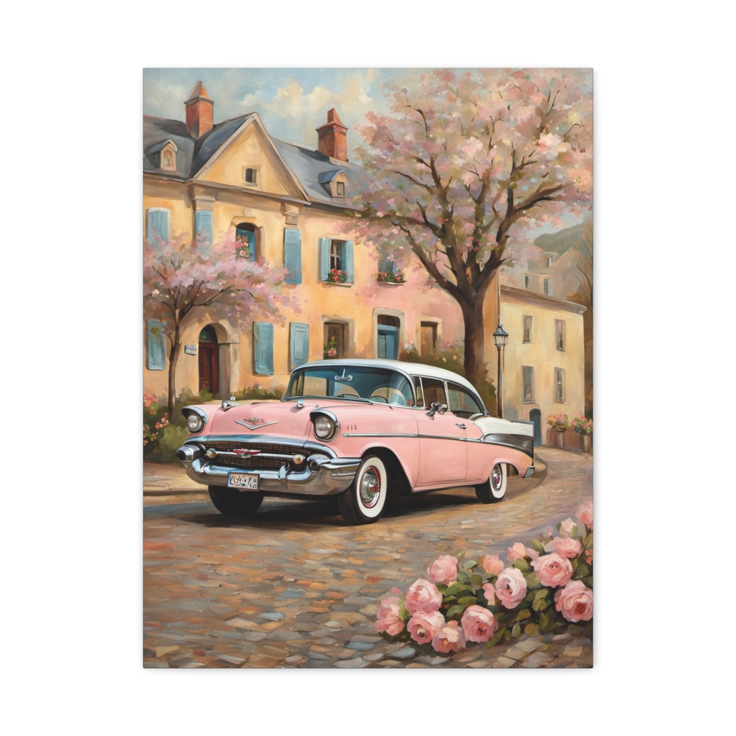 Vintage Car Canvas Print, Home Decor, Wall Art, Gift for Car Lovers, Retro Art, Floral Design, Pink Cadillac - AquilVision