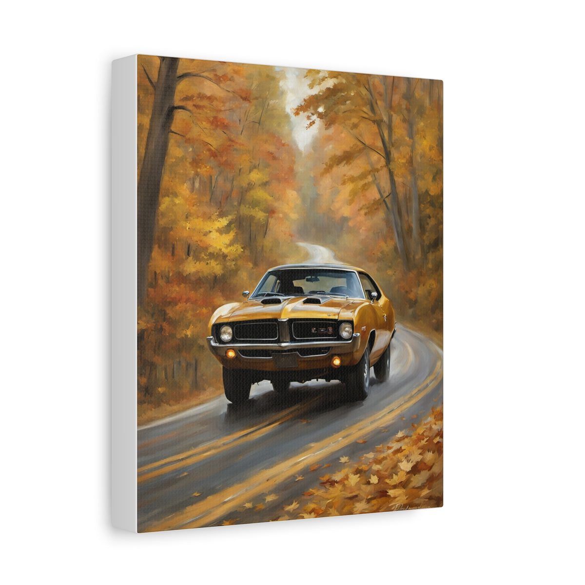 1968 AMC Javelin Canvas Wall Art Vintage Gold Muscle Car Painting Autumn Forest Road Stretched Canvas Print for Living Room Office Decor