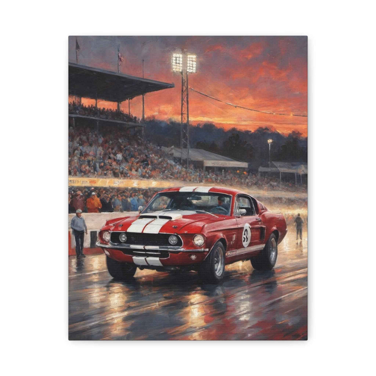 Vintage Red Racecar Canvas Print — Classic Mustang at Sunset