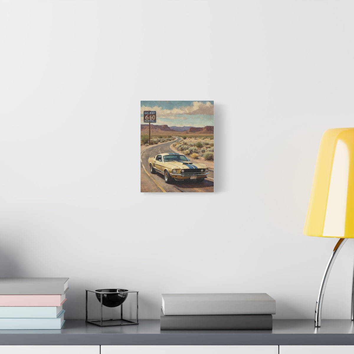 1968 Shelby GT500 Canvas Wall Art Vintage Gold Blue Stripes Muscle Car Painting Route 66 Desert Highway Motel Stretched Canvas Print for Living Room Office Decor