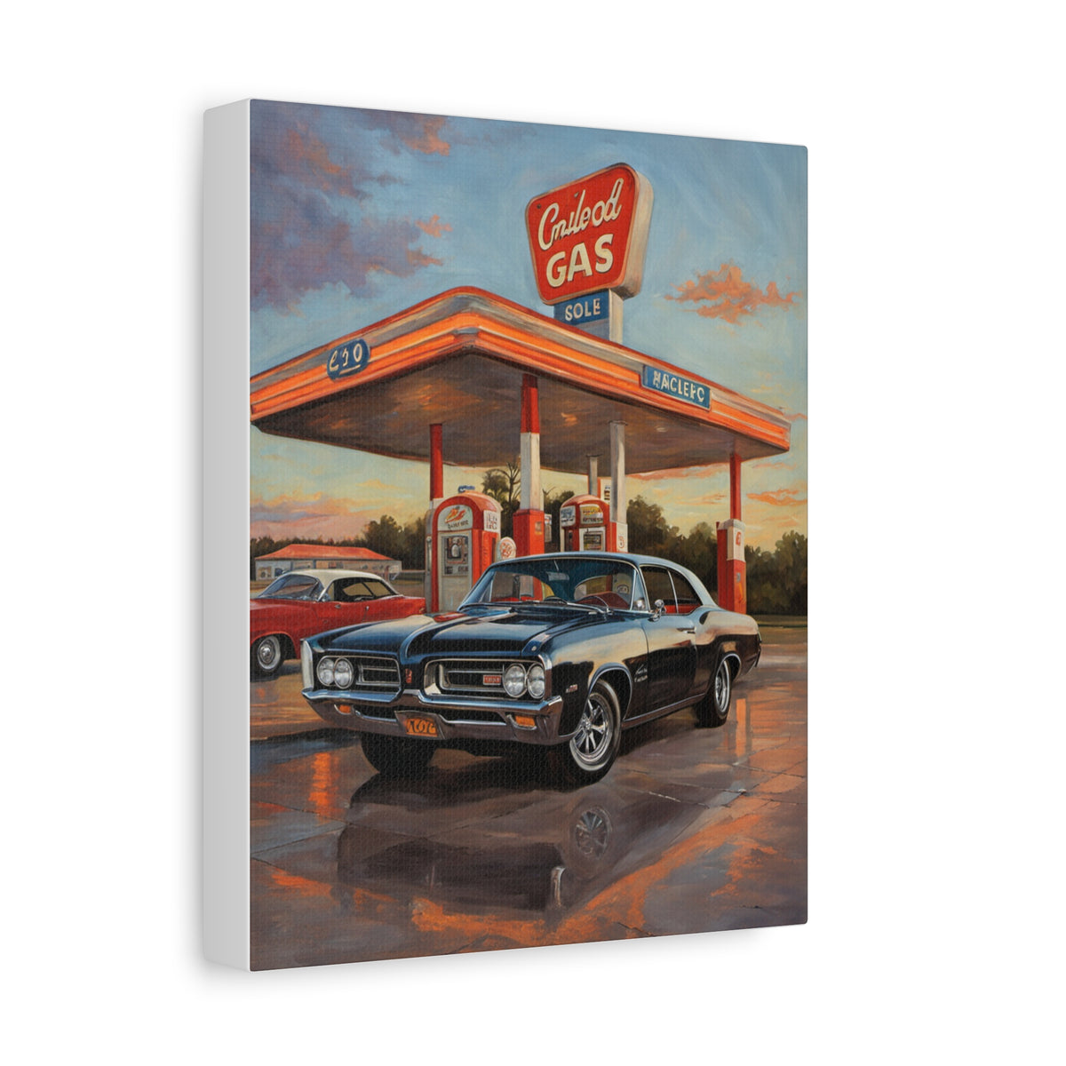 1964 Pontiac GTO Canvas Wall Art Vintage Black Muscle Car Painting Retro Gas Station Sunset Stretched Canvas Print for Living Room Office Decor