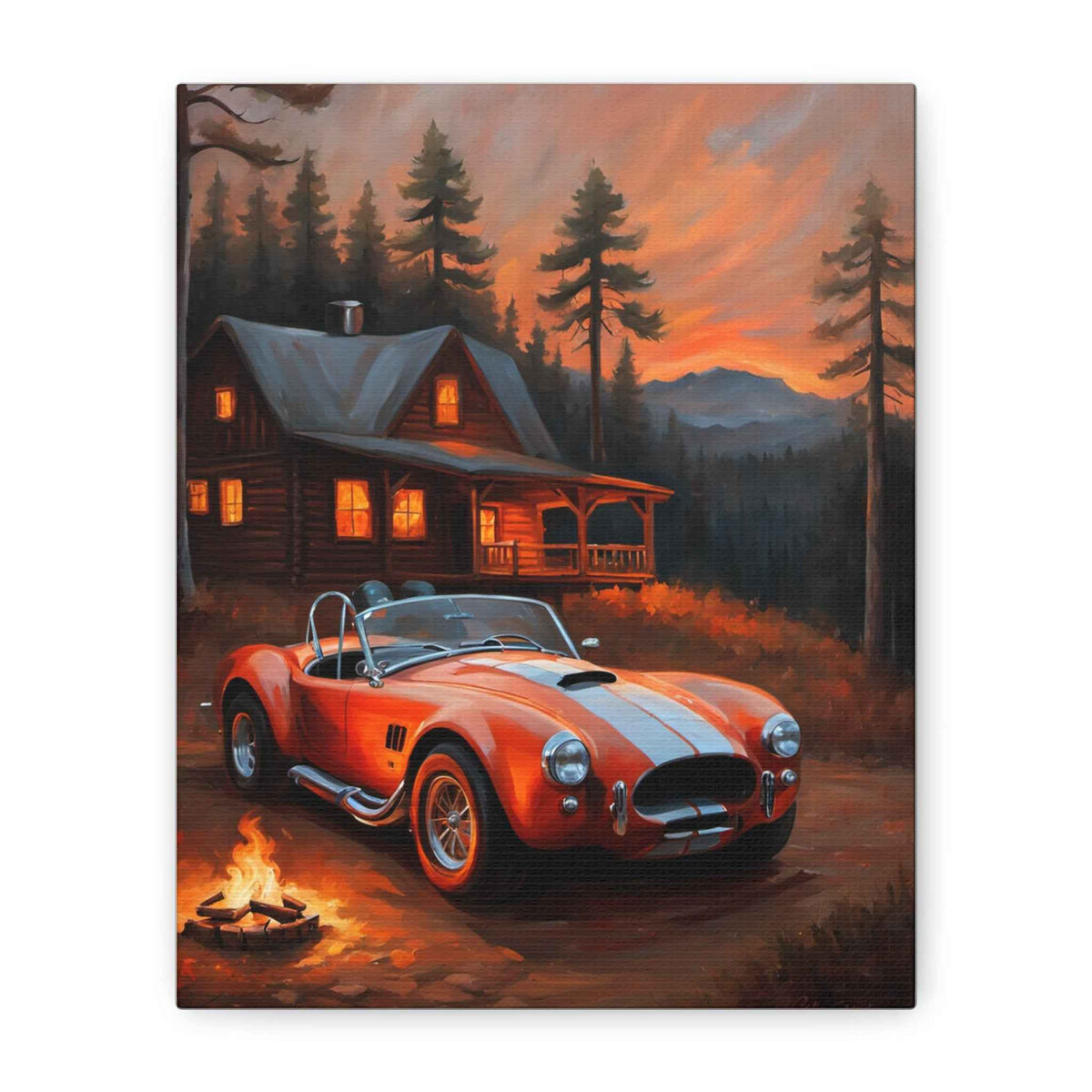Classic Roadster Canvas Wall Art — Red Cobra by Cabin Campfire at Sunset