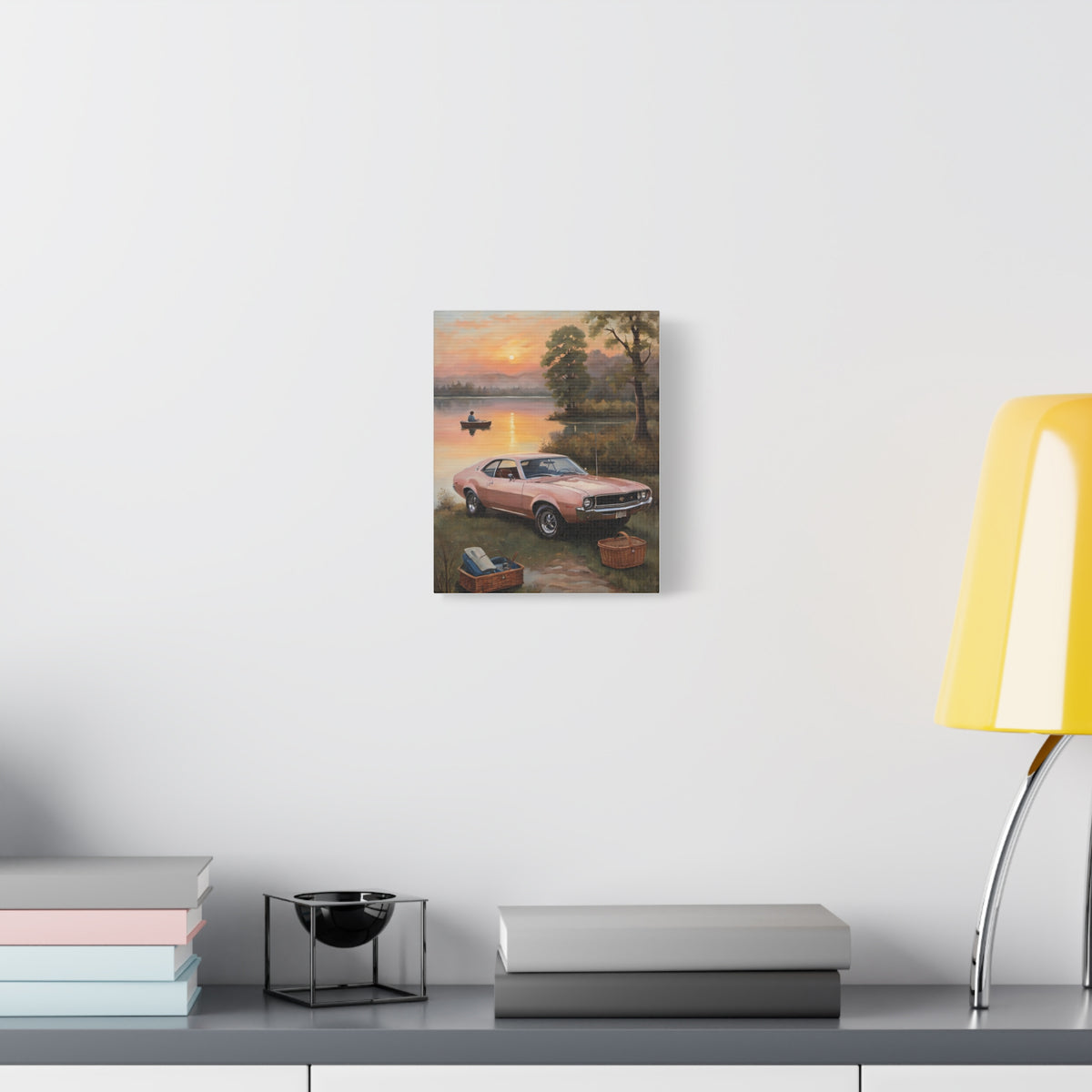 1968 AMC Javelin Canvas Wall Art Vintage Dusty Rose Muscle Car Painting Lakeside Sunset Rowboat Picnic Stretched Canvas Print for Living Room Office Decor