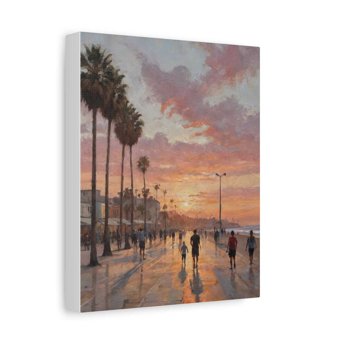 Venice Beach Boardwalk Los Angeles Canvas Wall Art | Historic California Ocean Sunset Canvas Print | Impressionist Palm Tree Landscape Art for Living Room & Beach House