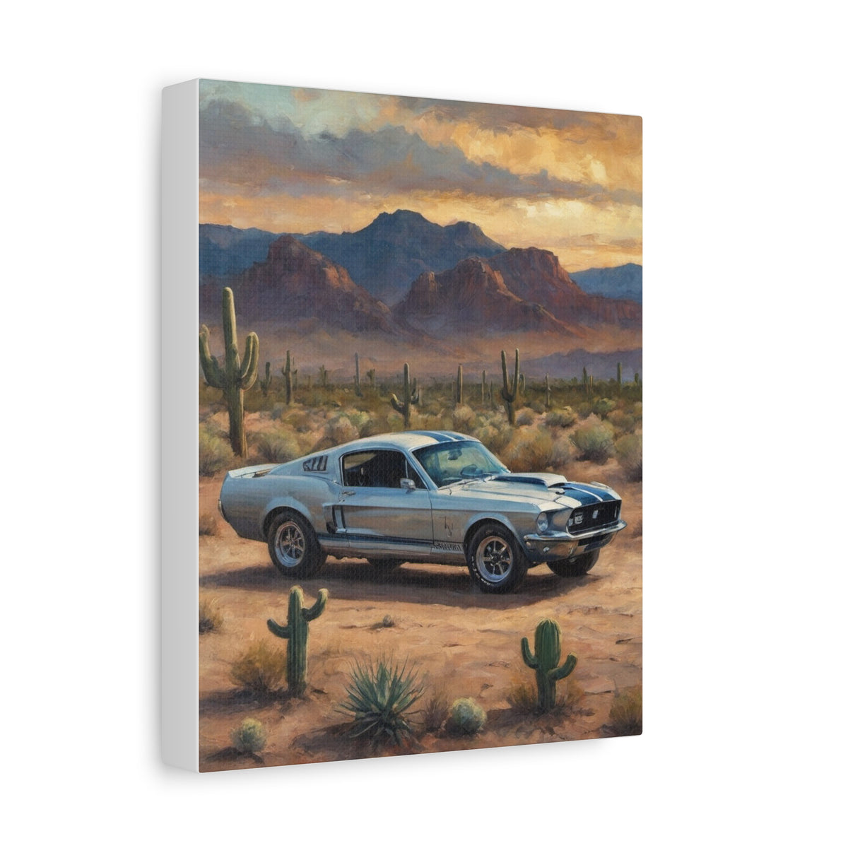 1968 Shelby GT500 Canvas Wall Art Vintage Silver Blue Stripes Muscle Car Painting Desert Sunset Saguaro Cactus Stretched Canvas Print for Living Room Office Decor