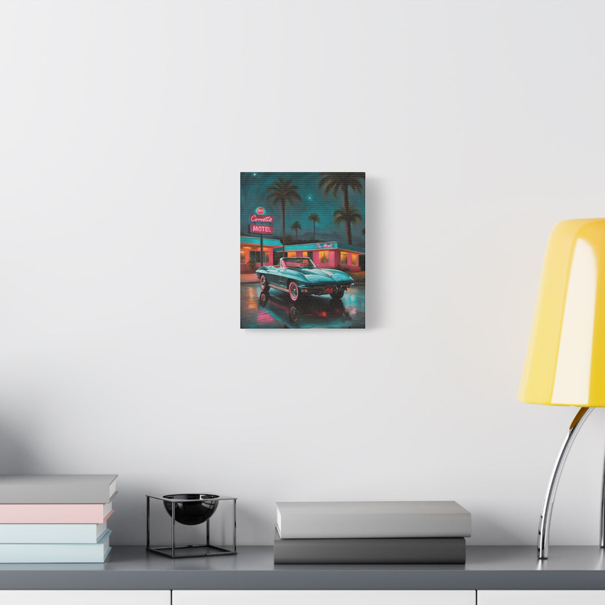 1963 Chevrolet Corvette C2 Convertible Canvas Wall Art Vintage Teal Muscle Car Painting Neon Motel Night Palm Trees Stretched Canvas Print for Living Room Office Decor