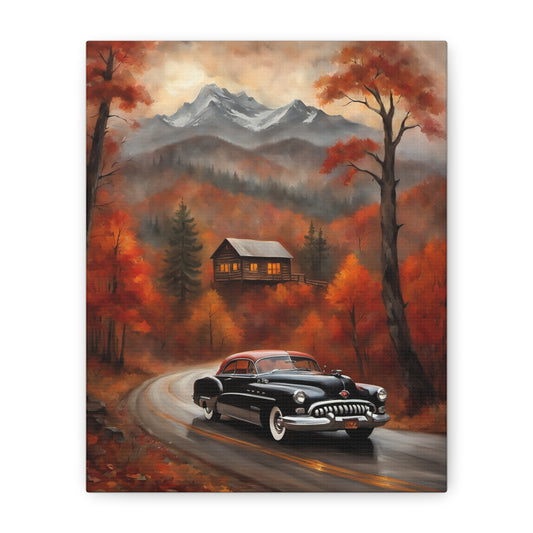 Autumn Road Canvas Art Print, Vintage Car Wall Decor, Fall Decor, Mountain Scene Wall Art, Rustic Home Decoration