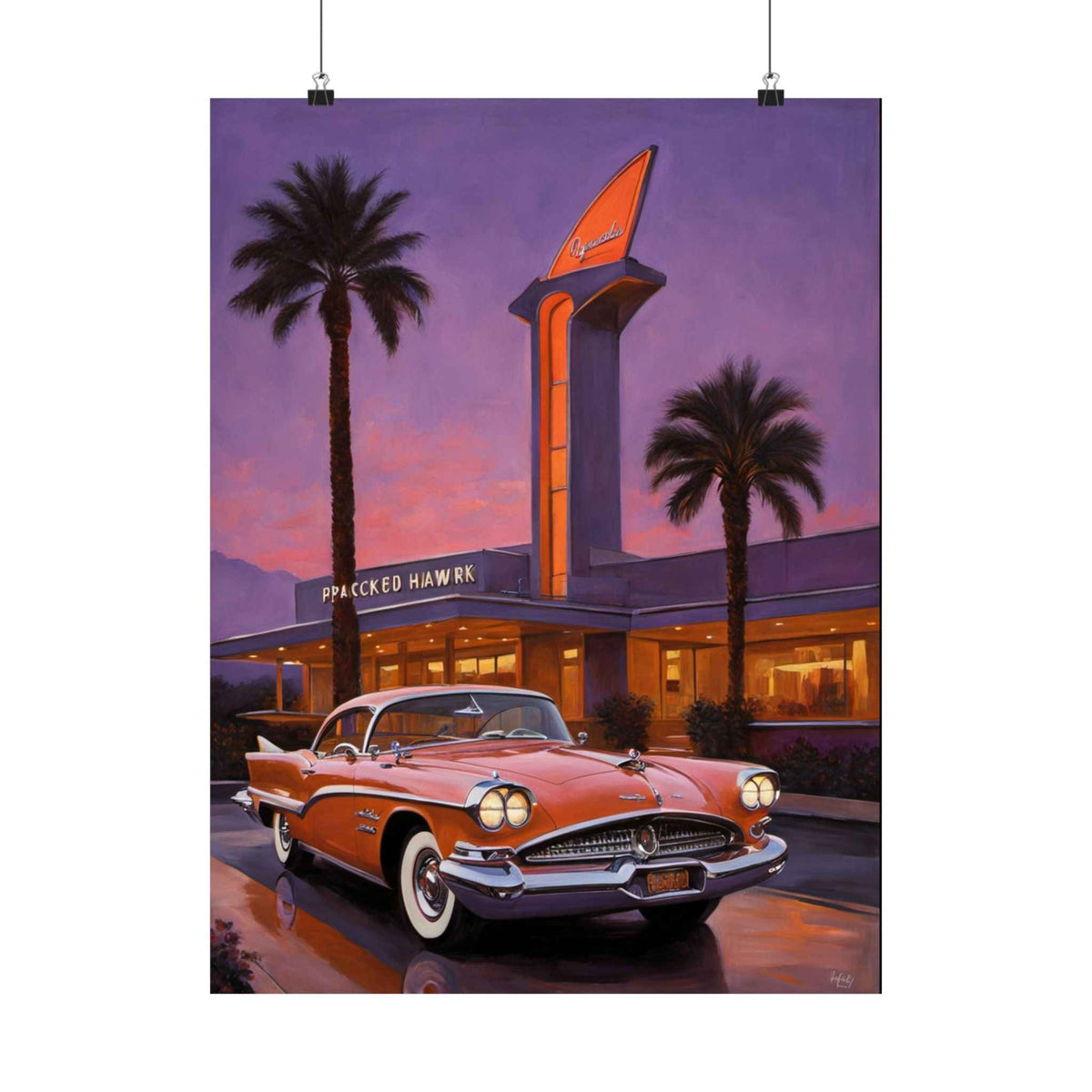 Vintage Retro Car Poster — Matte Vertical Palm‑Tree Diner Print