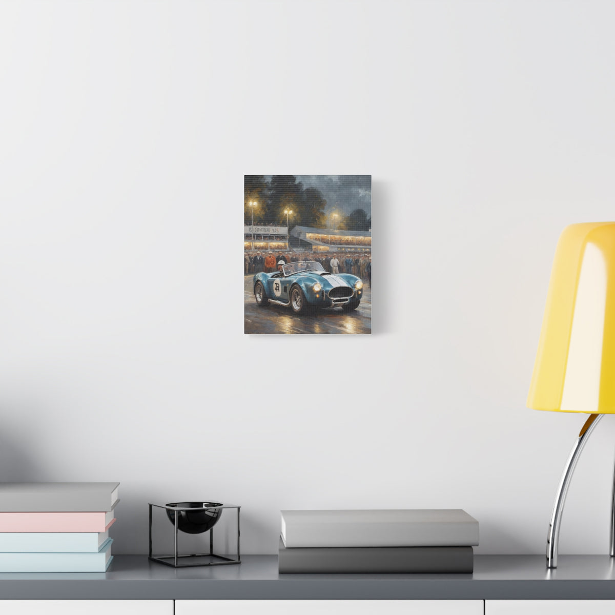 1965 AC Cobra 427 Canvas Wall Art Vintage Guardsman Blue Racing Sports Car Painting Night Grandstand Track Stretched Canvas Print for Living Room Office Decor