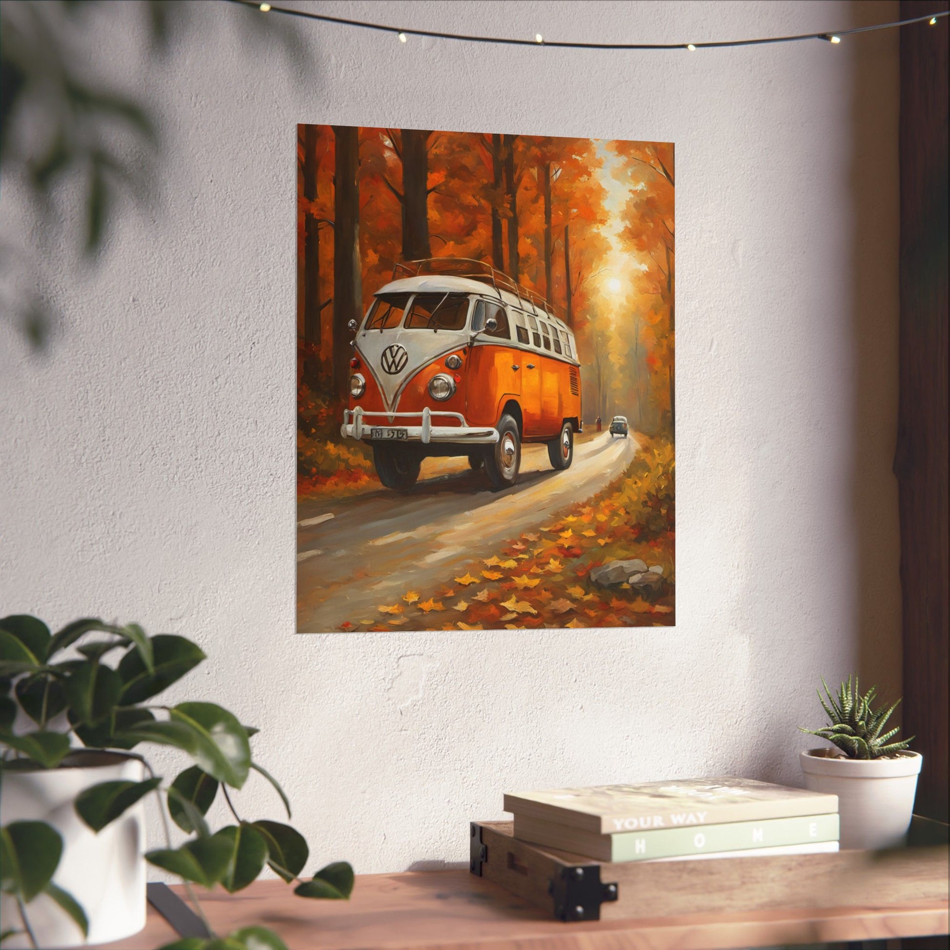 Fall Adventure Matte Vertical Posters, Vintage VW Bus Art, Autumn Decor, Scenic Wall Art, Road Trip Print, Cozy Home Aesthetic - AquilVision