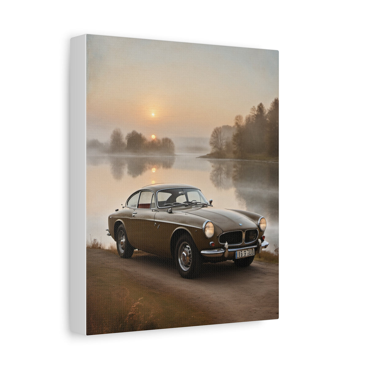 1966 Volvo P1800 Canvas Wall Art Vintage Olive Green Coupe Painting Misty Nordic Lake Sunrise Stretched Canvas Print for Living Room Office Decor