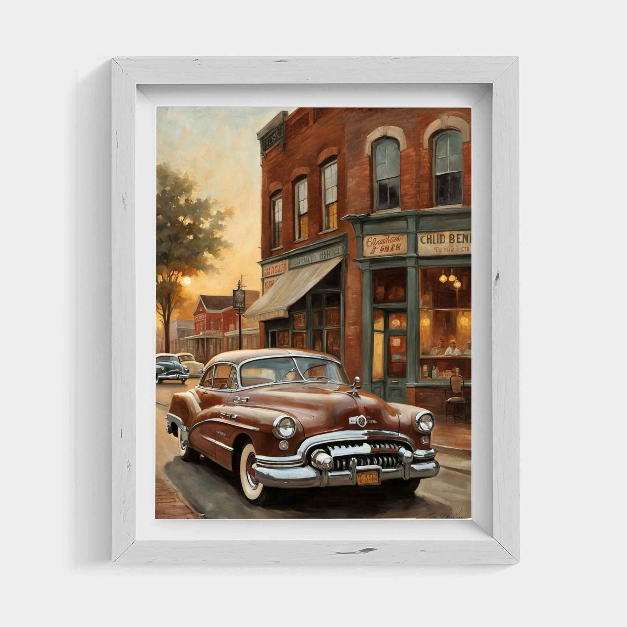 Framed artwork of a classic car on a street, depicting the 1950 American Riviera Dream in a nostalgic setting