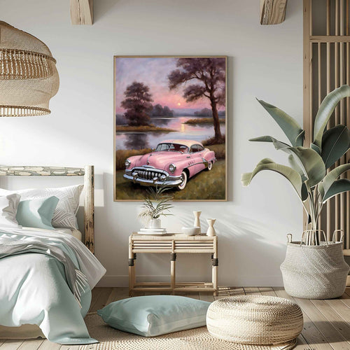 1950 American Riviera Dream vintage pink car painting in a stylish modern living room setting