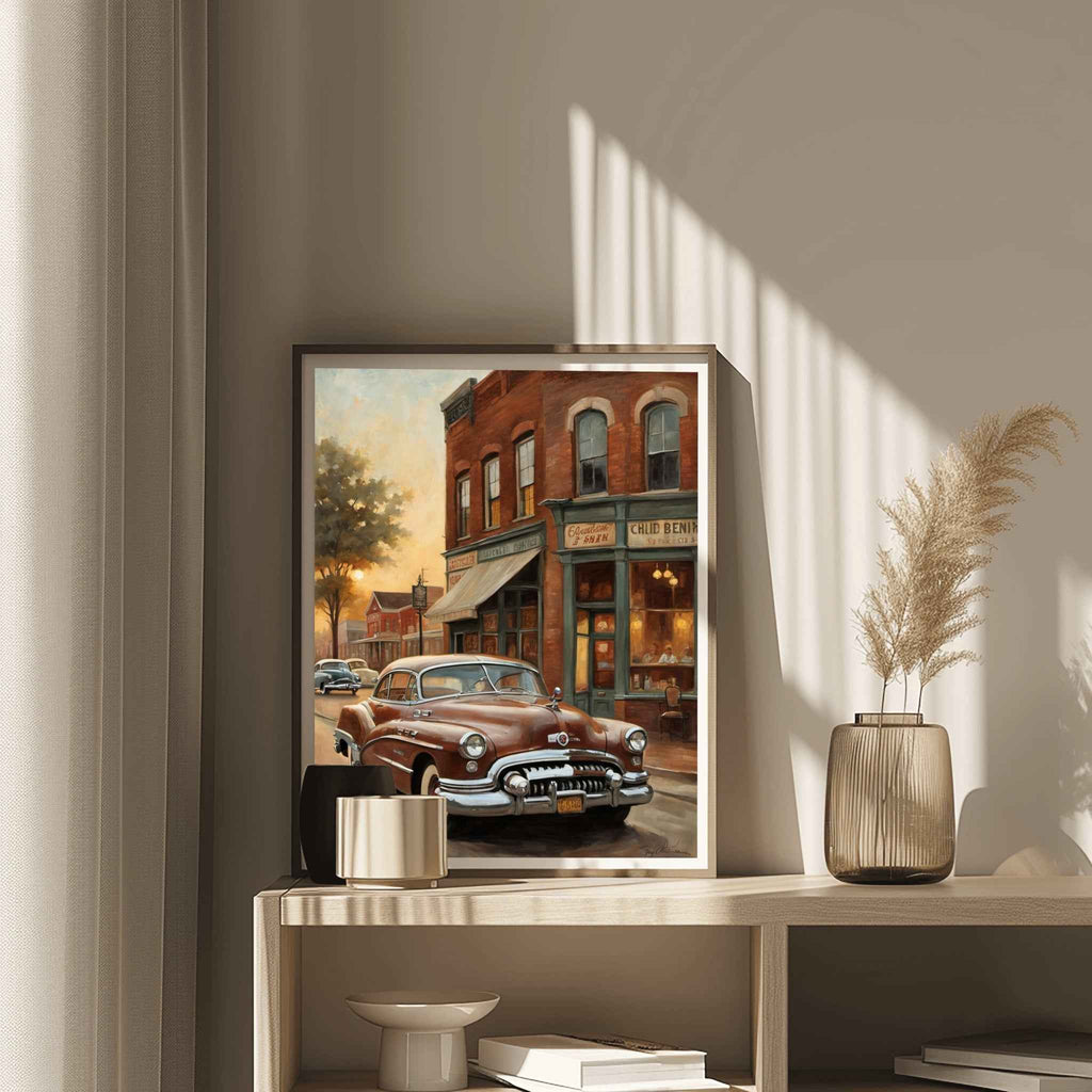 Framed artwork featuring a vintage car in a 1950 American Riviera Dream street scene