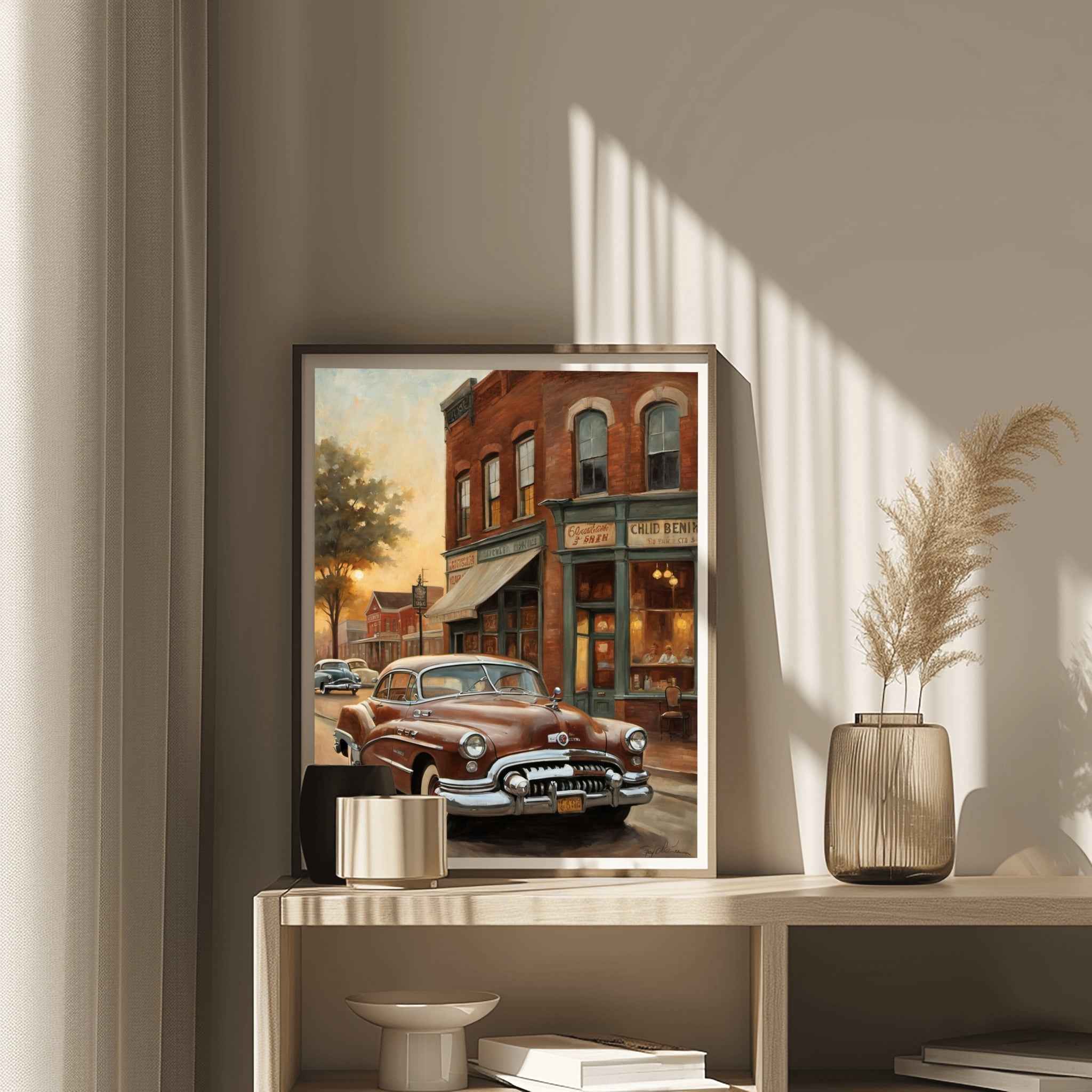 Framed artwork featuring a vintage car in a 1950 American Riviera Dream street scene