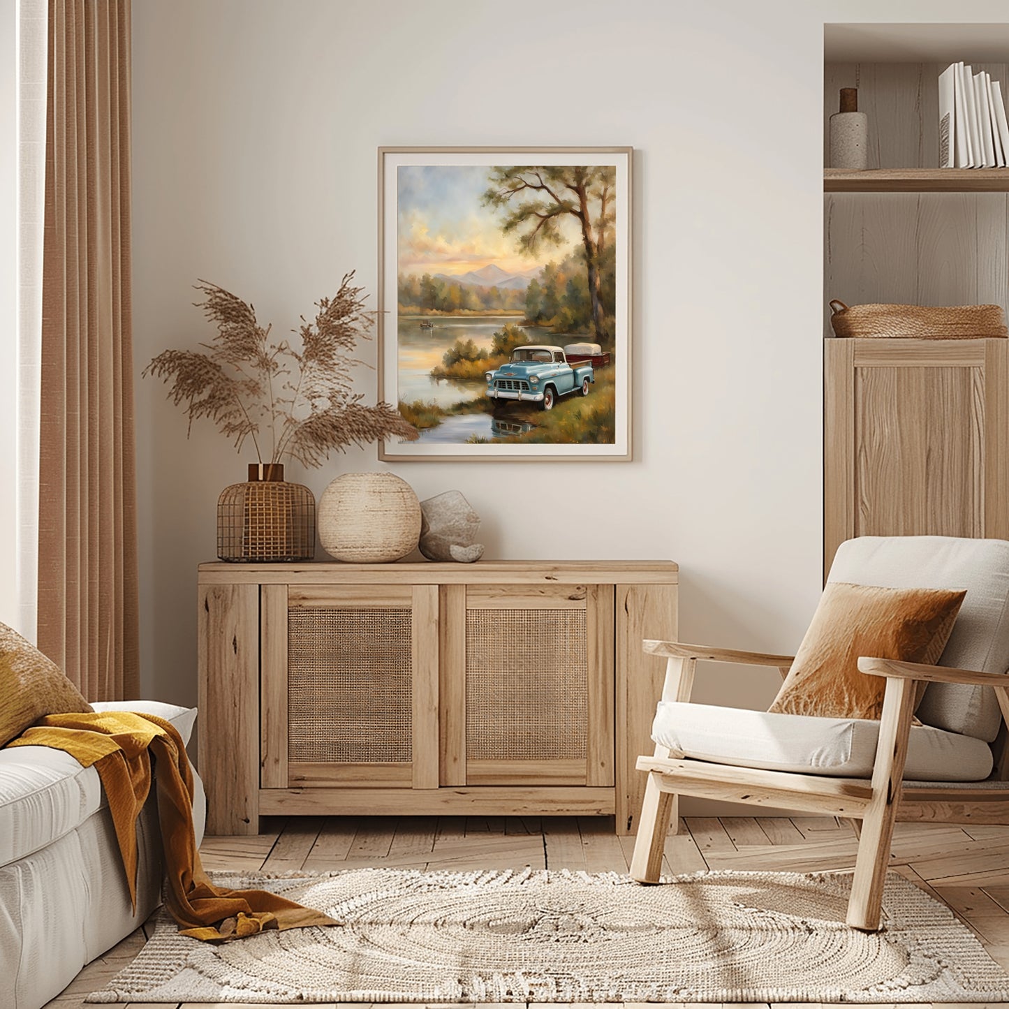 1950s lakeside painting above wooden cabinet in cozy living room with natural decor accents