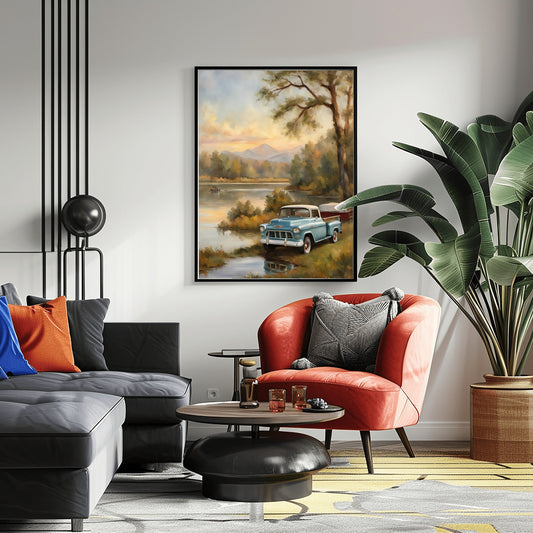 1950s lakeside painting by AquilVision framed on a living room wall above modern furniture