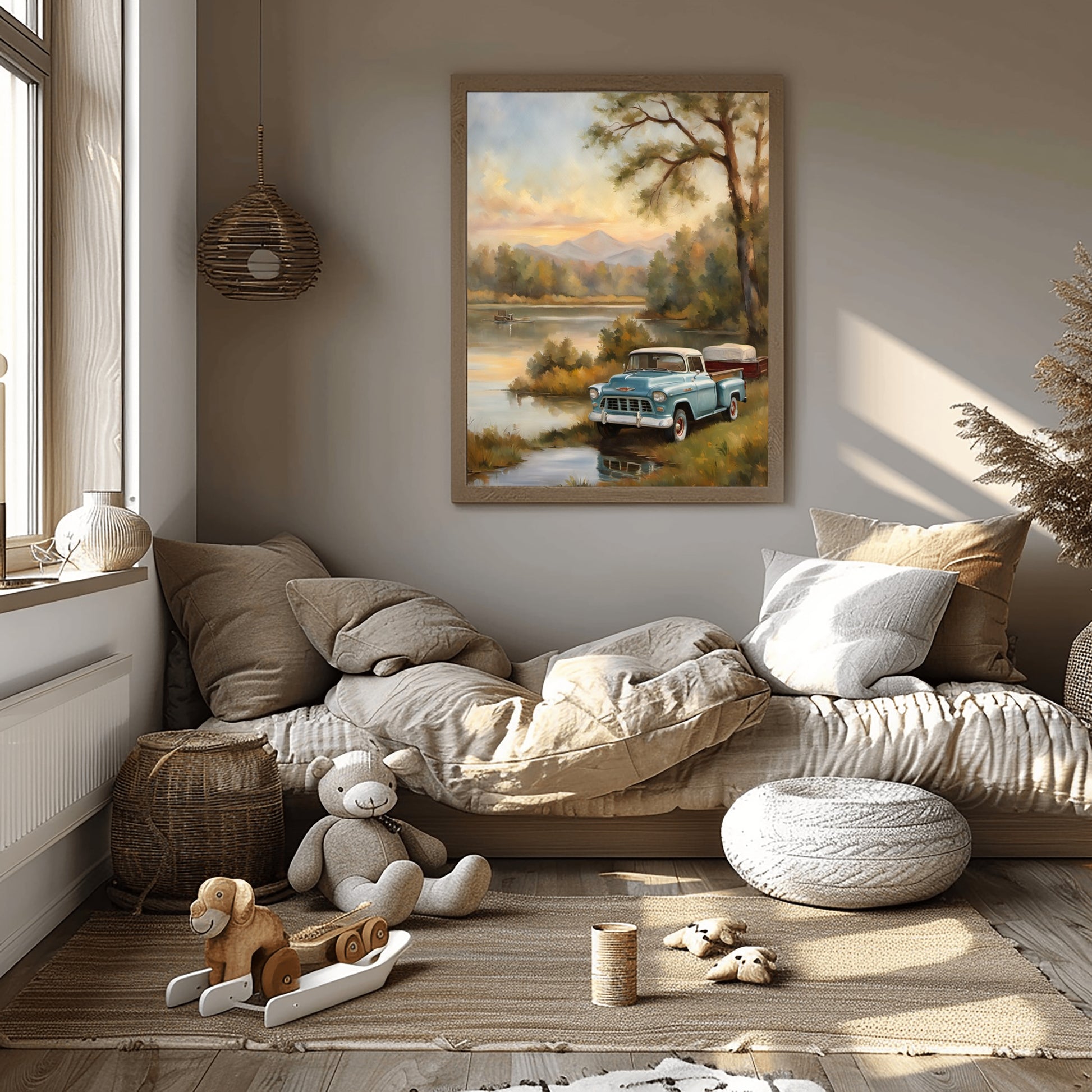 1950s lakeside painting of vintage truck by calm lake in cozy neutral-toned living room