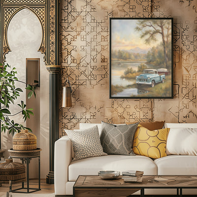 1950s lakeside painting of vintage trucks hanging on patterned wall above white sofa in stylish living room