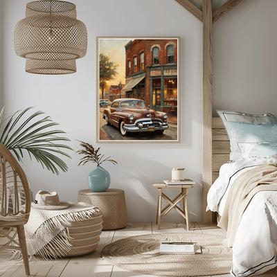 1950s retro car wall art by AquilVision displayed in a cozy modern bedroom with rustic decor