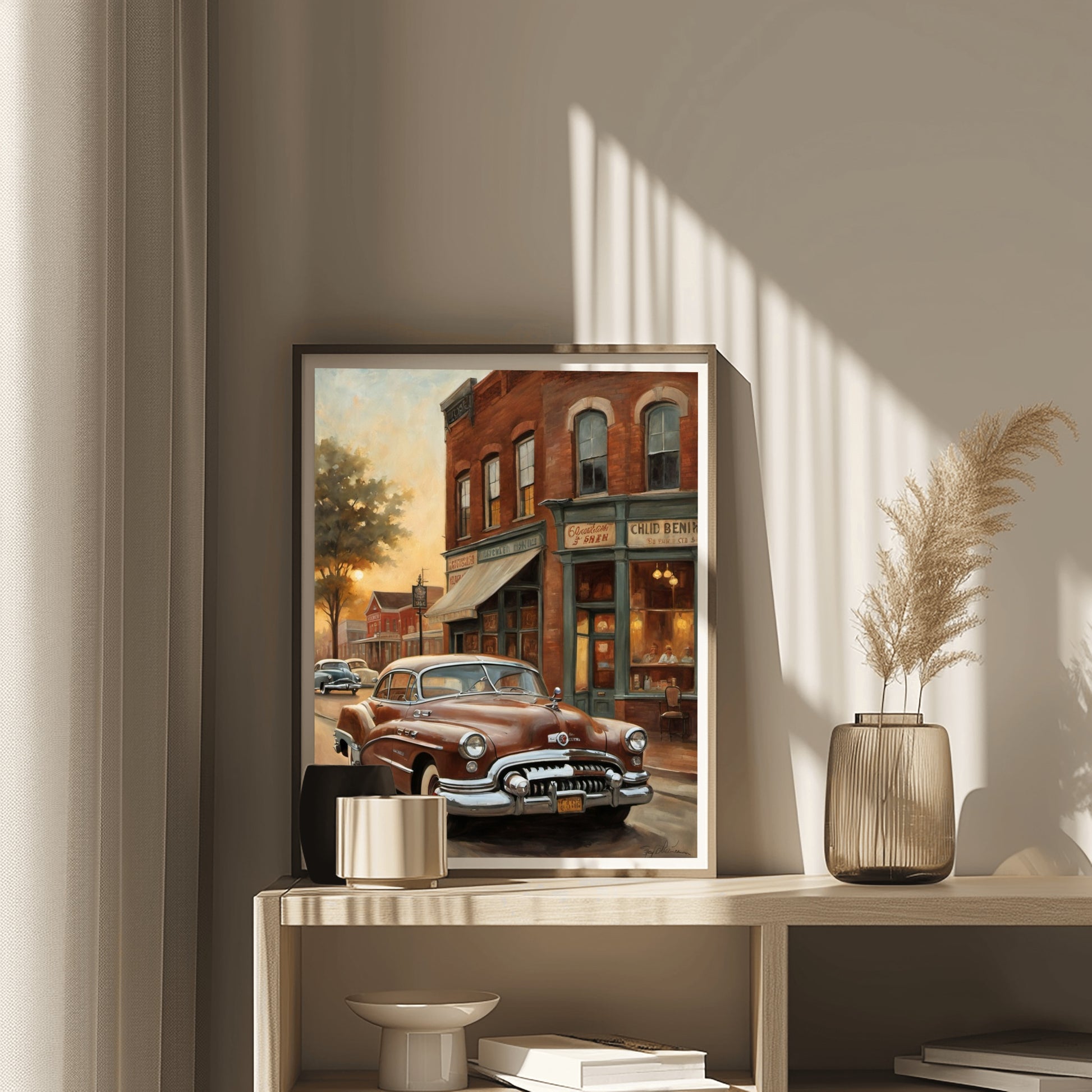 1950s retro car wall art by AquilVision showing a vintage car parked in front of a brick building at sunset