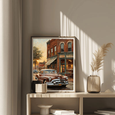 1950s retro car wall art by AquilVision showing a vintage car parked in front of a brick building at sunset