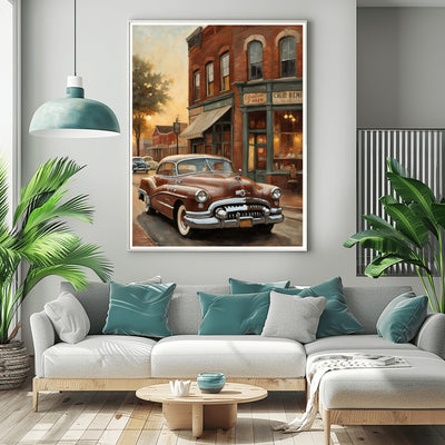 1950s retro car wall art featuring a vintage car parked on a street with historic buildings in living room