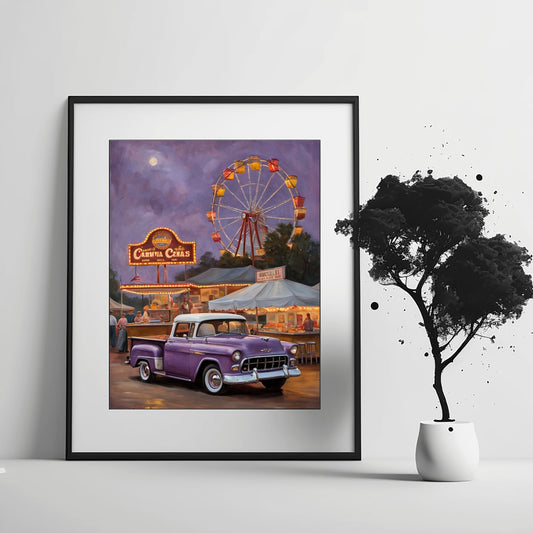 1950s retro truck wall art featuring a purple vintage truck at a nighttime carnival with a ferris wheel
