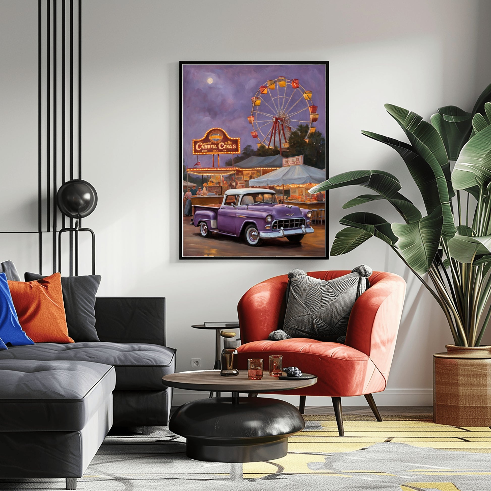 1950s retro truck wall art featuring a purple vintage truck at a carnival with a Ferris wheel