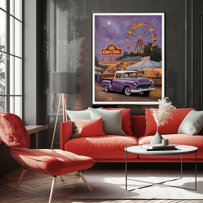 1950s retro truck wall art featuring a classic purple vintage truck at a carnival with a ferris wheel