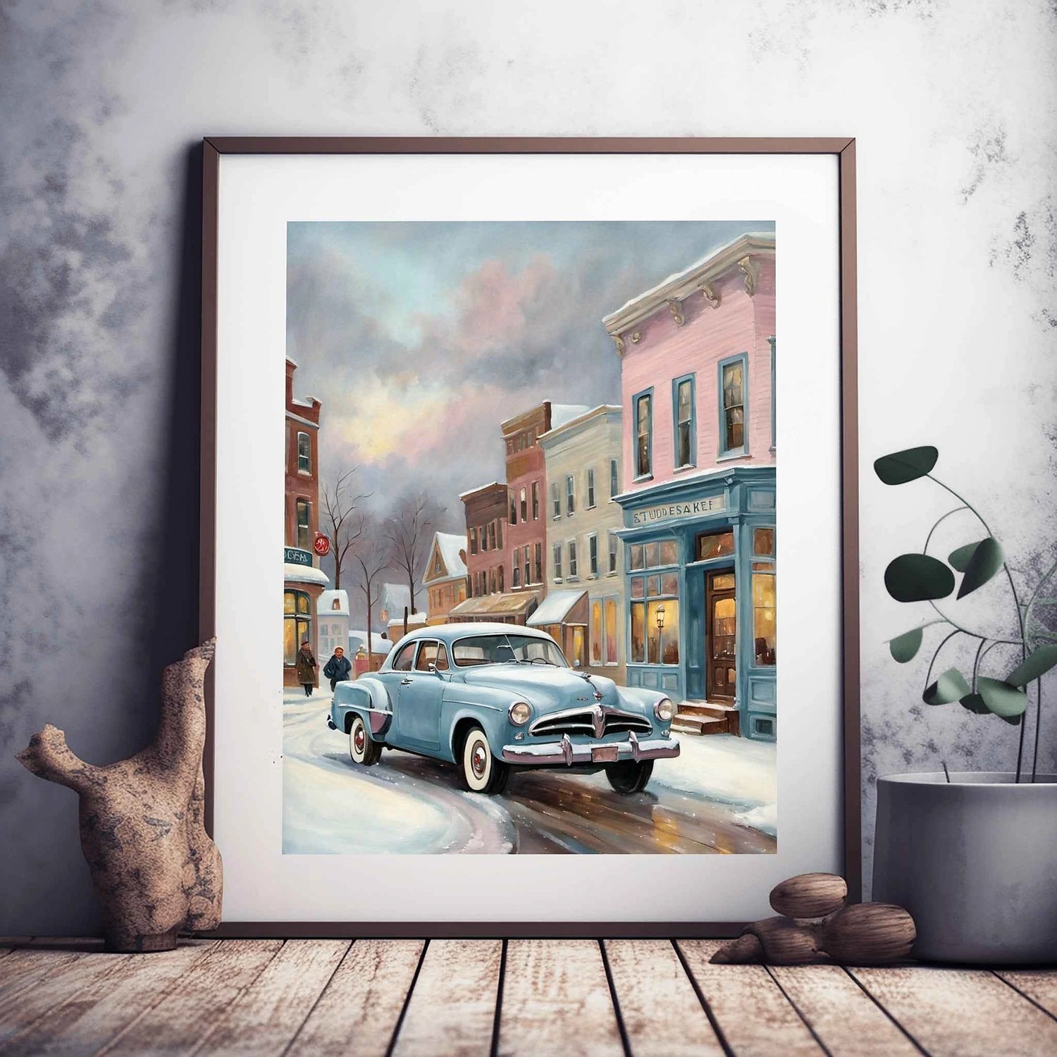 1953 Starlight Coupé „Winter Main Street“ Kunstdruck | Nostalgische verschneite Stadtdekoration