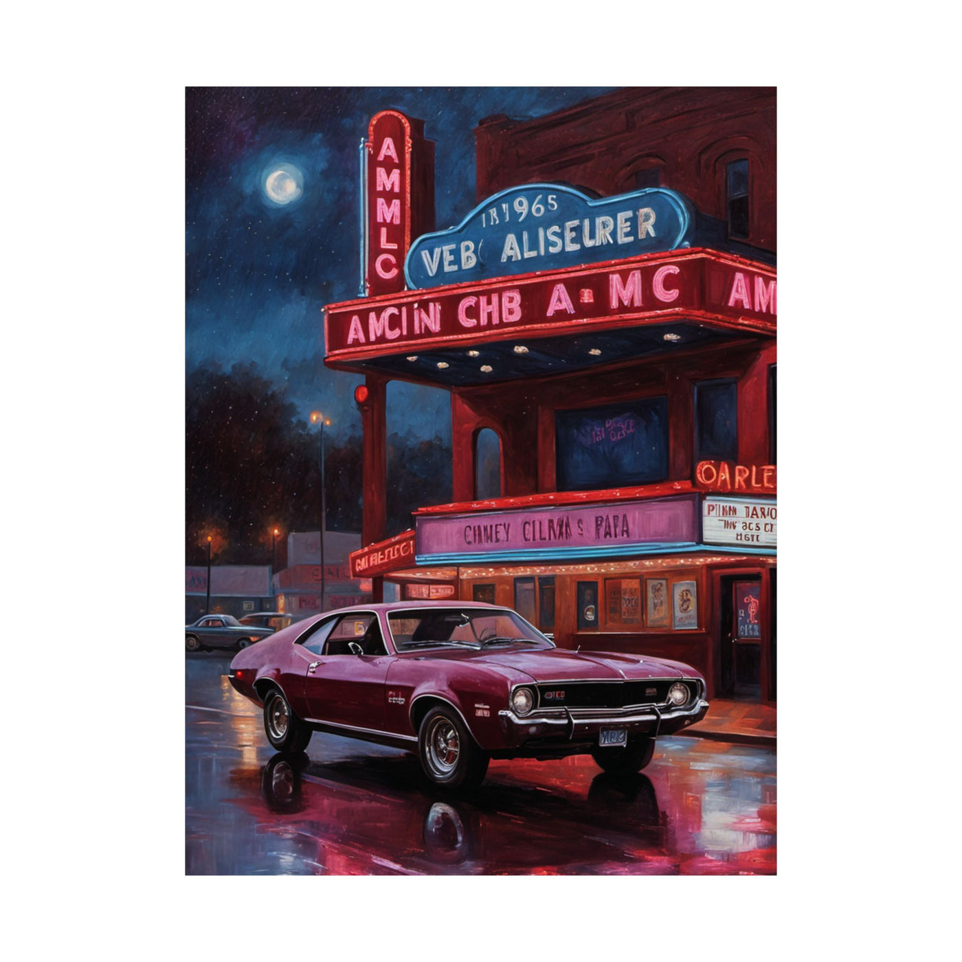 1970s Oldsmobile 442 in front of the vintage theater with neon lights, evoking a 1960s Vintage Car vibe