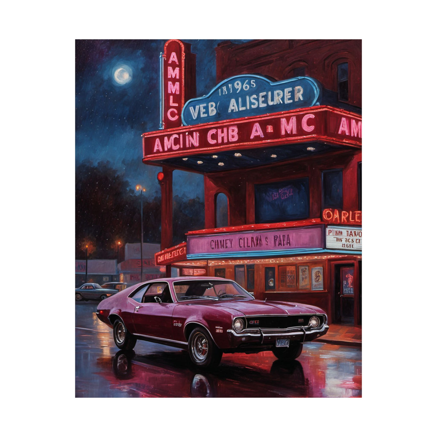 1960s Vintage Car poster featuring a purple muscle car under a vibrant neon marquee at night