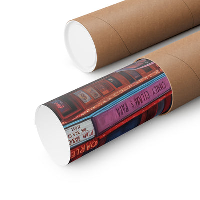 1960s Vintage Car Poster rolled up in a tube, showcasing colorful retro designs