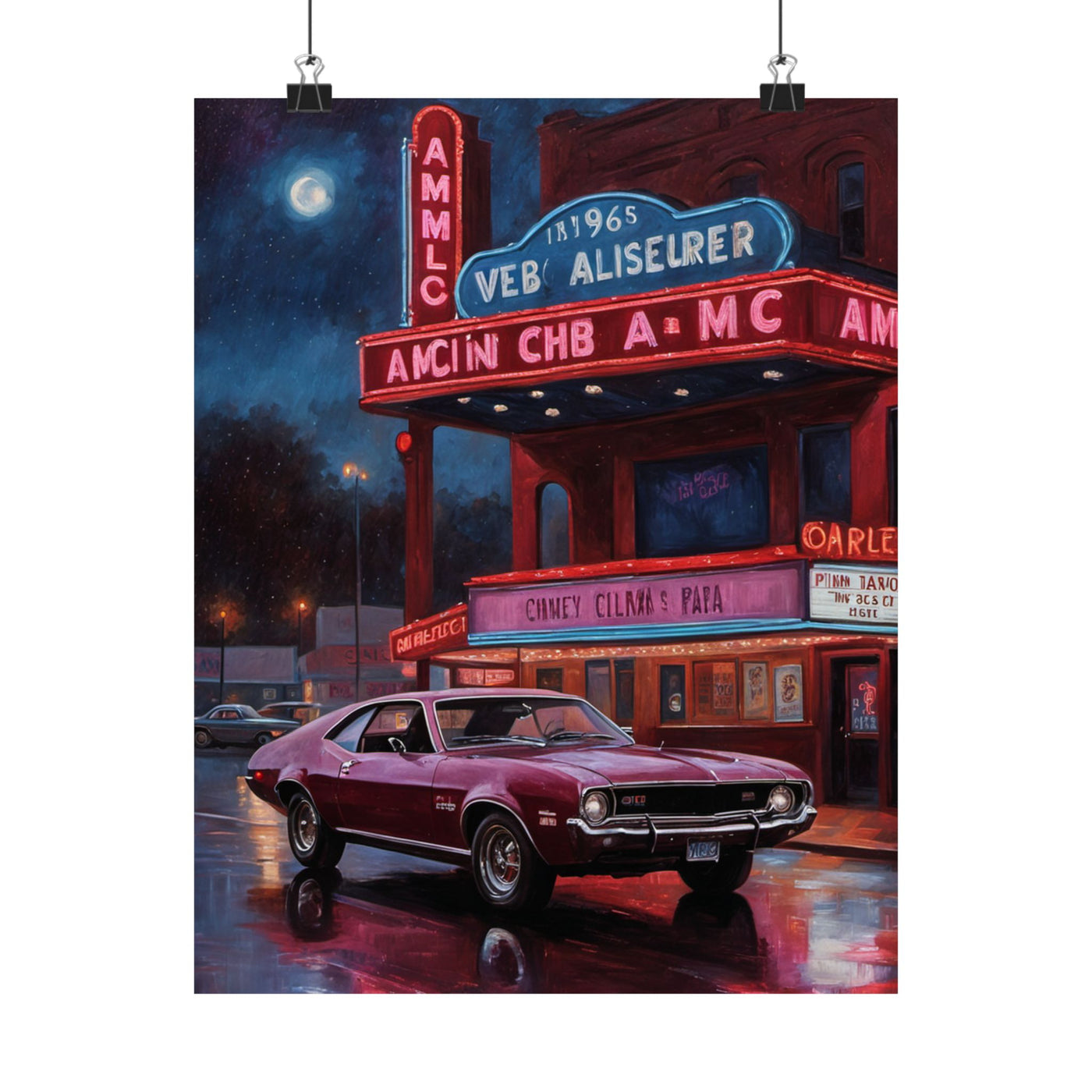 1970s art poster featuring a purple vintage car in front of a retro theater showcasing 1960s Vintage Car