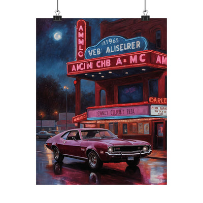 1970s art poster featuring a purple vintage car in front of a retro theater showcasing 1960s Vintage Car