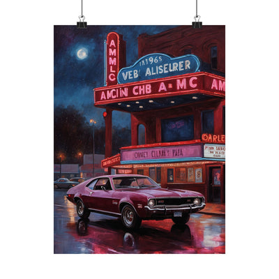 Unique 1960s Vintage Car poster featuring a classic vehicle in front of a retro theater