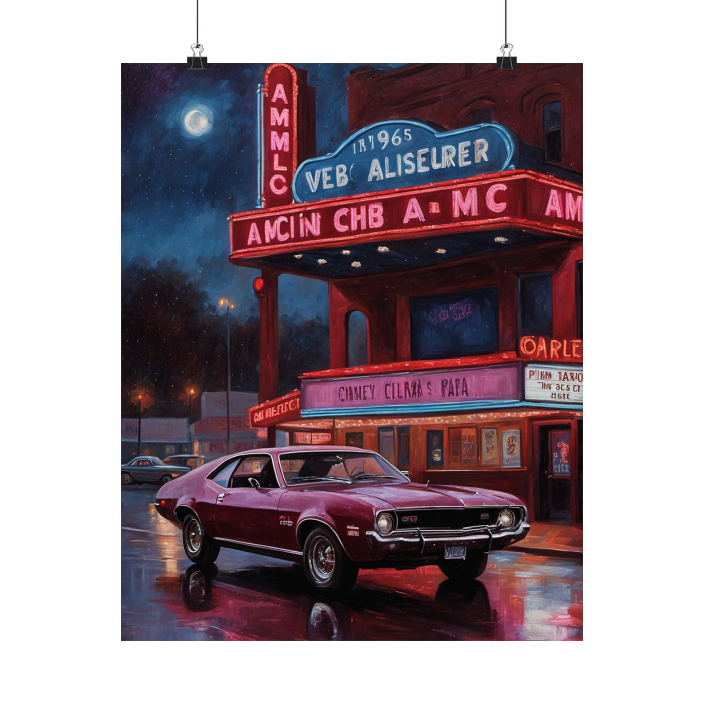1960s Vintage Car parked in front of a classic theater with a vibrant neon sign at night
