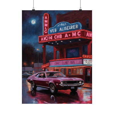 1960s Vintage Car poster featuring a classic vehicle in front of a retro theater neon sign