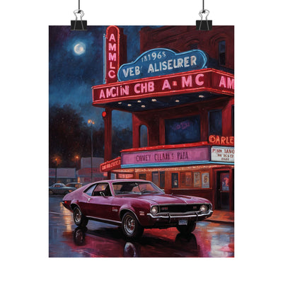 1960s Vintage Car parked outside a classic theater at night with neon lights illuminating the scene