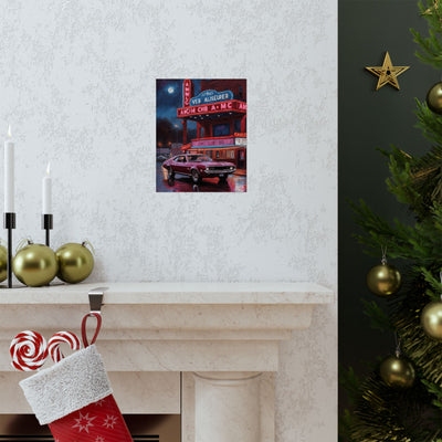 1960s Vintage Car poster displayed above a festive mantel with holiday decorations