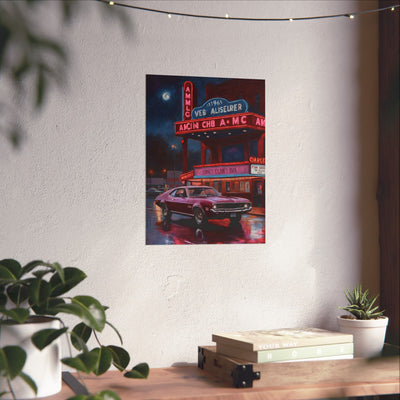 1960s Vintage Car Poster Featuring a Classic Car in Front of a Nostalgic Drive-In Theater