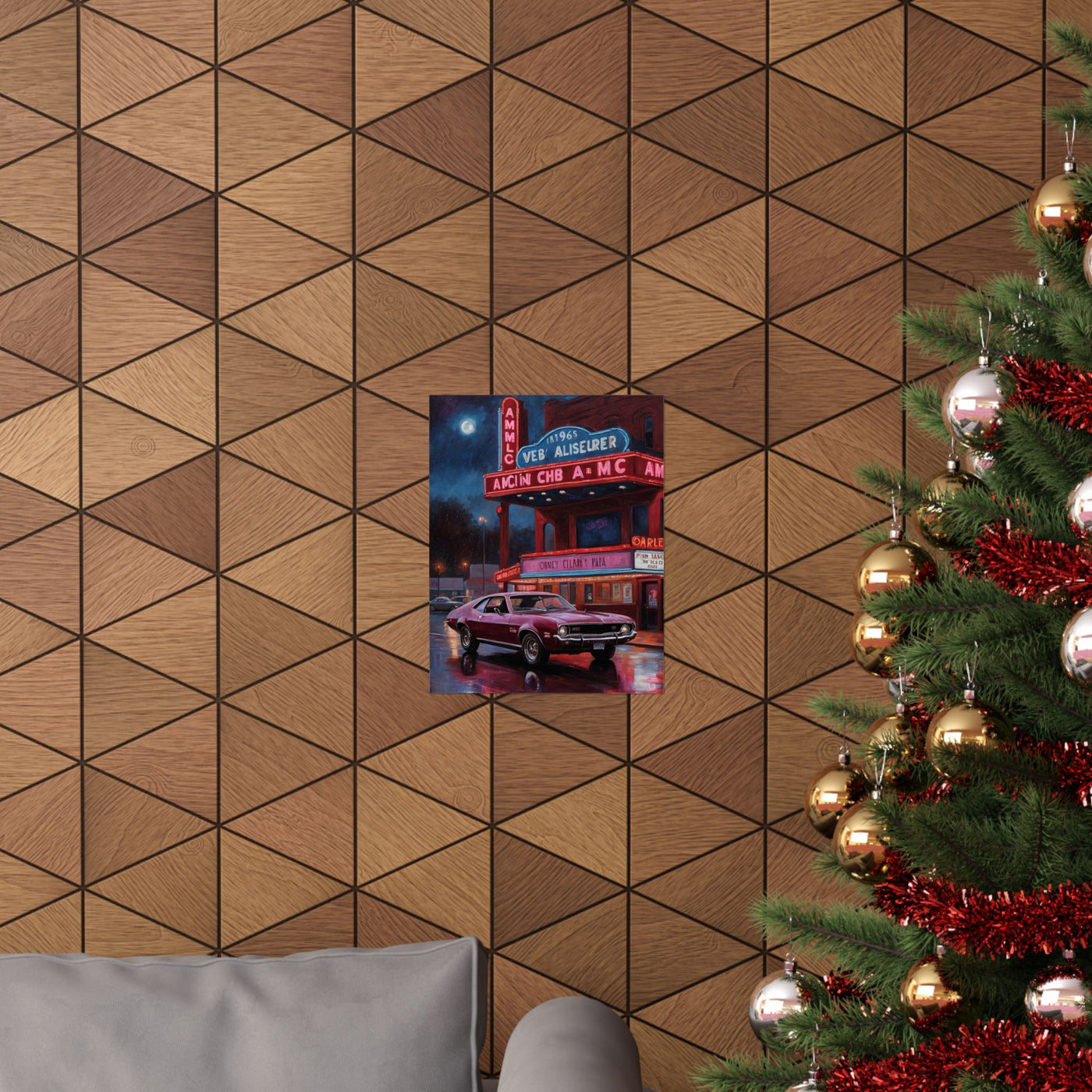 1960s Vintage Car poster displayed on a wall with a cozy couch and Christmas tree in the background