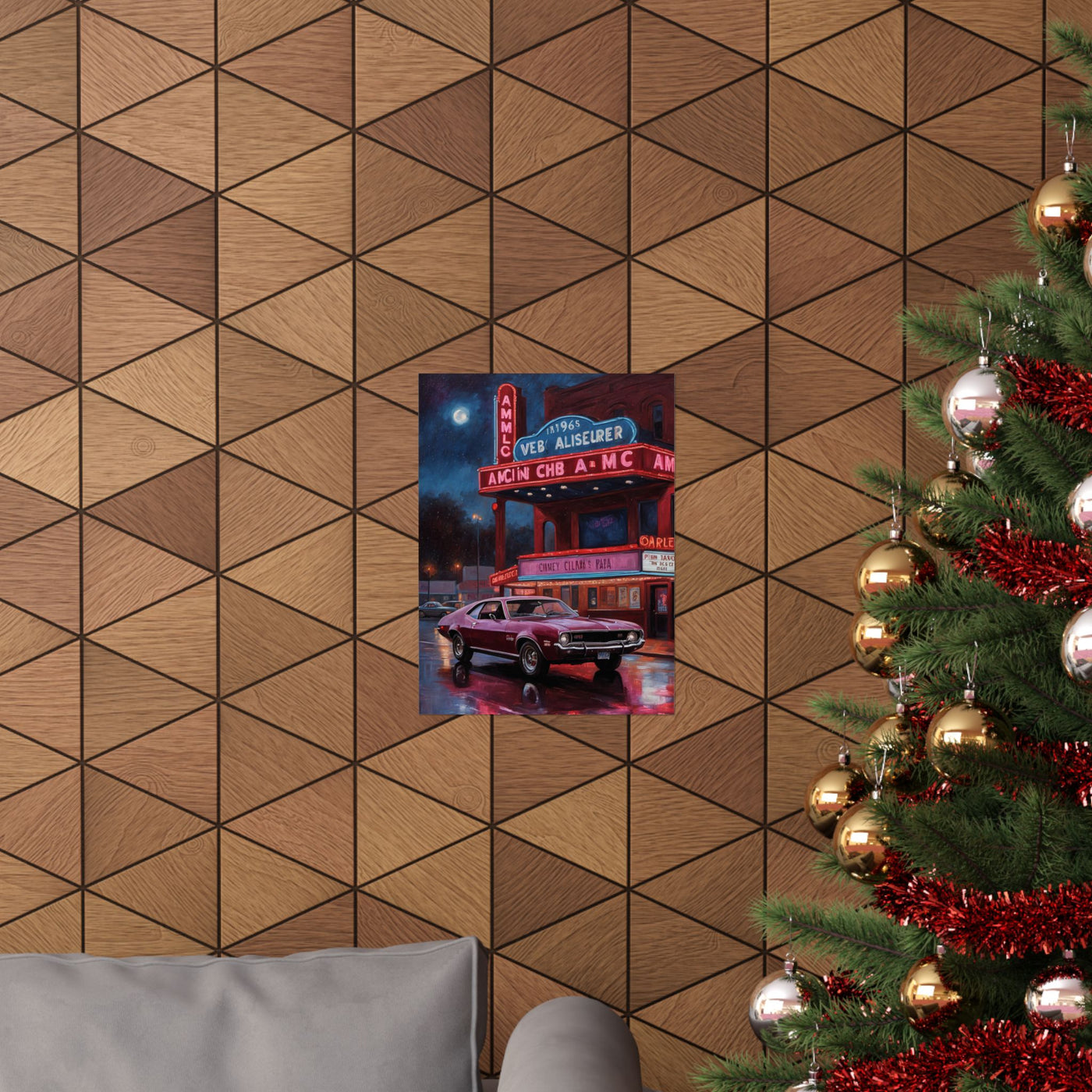 1960s Vintage Car poster on a geometric wood wall with a festive Christmas tree nearby